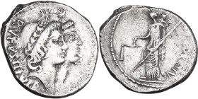 Mn. Cordius Rufus. AR Denarius, Rome mint, 46 BC. Obv. Jugate heads of the Dioscuri right, each wearing laureate pileus surmounted by star; around, RV...
