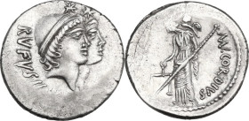 Mn. Cordius Rufus. AR Denarius, Rome mint, 46 BC. Obv. RVFVS·III·VIR. Jugate heads of the Dioscuri right, wearing pilei decorated with fillet and surm...