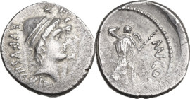 Mn. Cordius Rufus. Denarius, 46 BC. Obv. RVFVS·III·VIR. Jugate heads of the Dioscuri right, wearing pilei decorated with fillet and surmounted by star...
