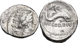 Mn. Cordius Rufus. Denarius, 46 BC. Obv. Head of Venus right, wearing diadem; behind, RVFVS·S·C. Rev. Cupid on dolphin right; below, MN·CORDIVS (MN li...
