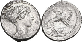 T. Carisius. Denarius, 46 BC. Obv. Head of Sibyl right. Rev. Sphinx right; above head, T·CARISIVS; in exergue, III·VIR. Cr. 464/1; B. (Carisia) 10. AR...