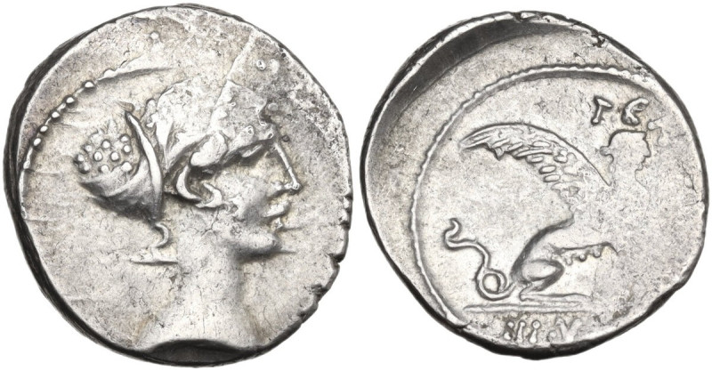 T. Carisius. Denarius, 46 BC. Obv. Head of Sibyl right. Rev. Sphinx right; above...
