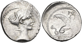 T. Carisius. Denarius, 46 BC. Obv. Head of Sibyl right. Rev. Sphinx right; above head, T·CARISIVS; in exergue, III·VIR. Cr. 464/1; B. (Carisia) 10. AR...