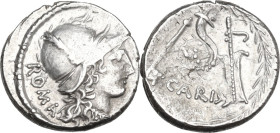 T. Carisius. Denarius, Rome mint, 46 BC. Obv. Helmeted head of Roma right; on the left, ROMA. Rev. Cornucopiae on globe; on the left, sceptre; on the ...
