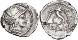 T. Carisius. Denarius, 46 BC. Obv. Helmeted head of Roma right; on the left, ROMA. Rev. Cornucopiae on globe; on left, sceptre; on right, rudder; belo...
