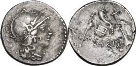 T. Carisius. Denarius, 46 BC. Obv. Helmeted head of Roma right; on the left, ROMA. Rev. Cornucopiae on globe; on left, sceptre; on right, rudder; belo...