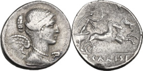 T. Carisius. Denarius, 46 BC. Obv. Draped bust of Victory right; behind, S·C. Rev. Victory in quadriga right, holding reins and wreath; in exergue, T·...