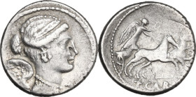 T. Carisius. Denarius, 46 BC. Obv. Draped bust of Victory right; behind, S·C. Rev. Victory in quadriga right, holding reins and wreath; in exergue, T·...