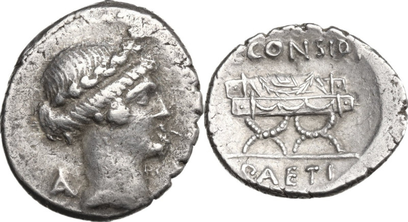 C. Considius Paetus. Denarius, 46 BC. Obv. Laureate head of Apollo right; behind...