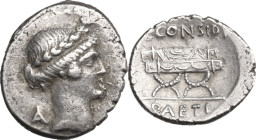 C. Considius Paetus. Denarius, 46 BC. Obv. Laureate head of Apollo right; behind, A. No border. Rev. Curule chair, garlanded, on which lies wreath; ab...
