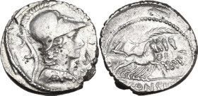 C. Considius Paetus. Denarius, 46 BC. Obv. Helmeted bust of Minerva right, wearing aegis. Rev. Victory in quadriga right, holding palm branch, reins a...