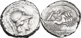 C. Considius Paetus. Denarius, Rome mint, 46 BC. Obv. Helmeted bust of Minerva right, wearing aegis. Rev. Victory in quadriga right; in exergue, C·CON...