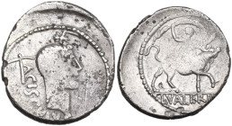 L. Valerius Acisculus. Denarius, Rome mint, 45 BC. Obv. Head of Apollo right, hair tied with band; above, star; on the left, acisculus and ACISCVLVS. ...
