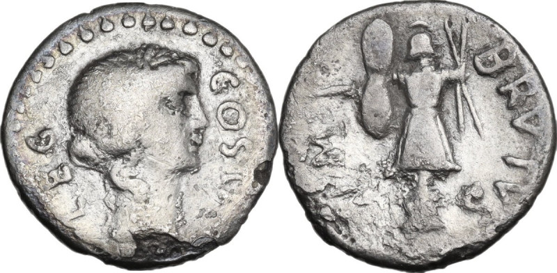 Quintus Servilius Caepio Brutus and Pedanius Costa. Denarius, mint moving with B...