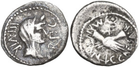 Marcus Antonius and Octavian. Quinarius, mint moving with Octavian, 39 BC. Obv. Diademed and veiled head of Concordia right; around, III·VIR·R·P·C. Re...
