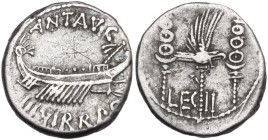Marcus Antonius. Denarius, mint moving with Marcus Antonius, 32-31 BC. Obv. Praetorian galley right; above, ANT·AVG; below, III·VIR·R·P·C. Rev. Legion...