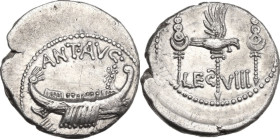 Marcus Antonius. Denarius, mint moving with Marcus Antonius, 32-31 BC. Obv. Praetorian galley right; above, ANT·AVG; below, III·VIR·R·P·C. Rev. Legion...