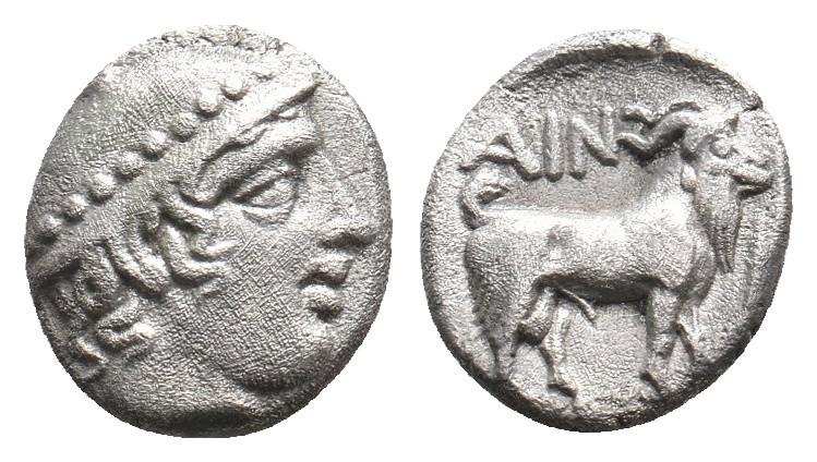 THRACE. Ainos. (Circa 429-427/6 BC). AR Diobol.
Obv: Head of Hermes right, wear...