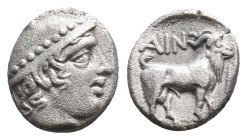 THRACE. Ainos. (Circa 429-427/6 BC). AR Diobol.
Obv: Head of Hermes right, wearing petasos.
Rev: AIN.
Goat standing right; club to right.
May 125-...