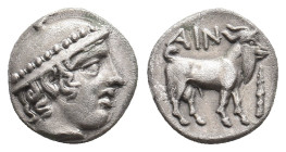 THRACE. Ainos. (Circa 429-427/6 BC). AR Diobol.
Obv: Head of Hermes right, wearing petasos.
Rev: AIN.
Goat standing right; club to right.
May 125-...