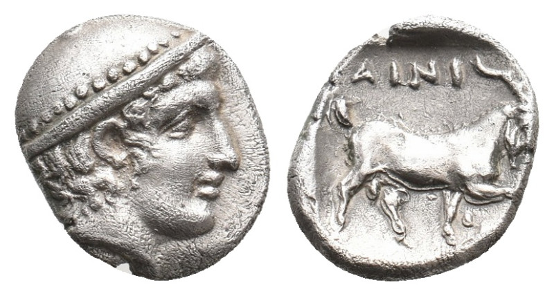 THRACE. Ainos. (Circa 408-406 BC). AR Diobol.
Obv: Head of Hermes right wearing...