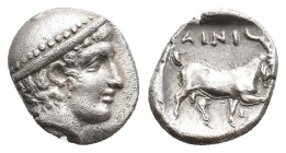 THRACE. Ainos. (Circa 408-406 BC). AR Diobol.
Obv: Head of Hermes right wearing petasos.
Rev: AINI.
Goat standing right; crab below raised foreleg....