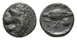 THRACE. Chersonesos. Paktye. (Circa 375-325 BC). Ae.
Obv: Head of roaring lion left.
Rev: [ΠΑΚ] / ΤΥ.
Grain ear; scallop shell to lower right.
Rom...