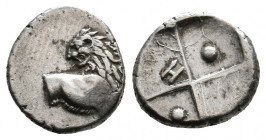 THRACE. Chersonesos. (Circa 386-338 BC). AR Hemidrachm.
Obv: Forepart of lion right, head reverted.
Rev: Quadripartite incuse square with alternatin...