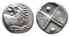THRACE. Chersonesos. (Circa 386-338 BC). AR Hemidrachm.
Obv: Forepart of lion right, head left.
Rev: Quadripartite incuse square, with alternating r...