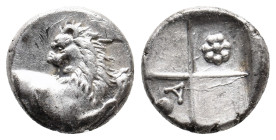 THRACE. Chersonesos. (Circa 386-338 BC). AR Hemidrachm.
Obv: Forepart of lion right, head left.
Rev: Quadripartite incuse square with alternating ra...