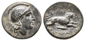 KINGS OF THRACE (Macedonian). Lysimachos (305-281 BC). Ae Unit.Lysimacheia.
Obv: Helmeted head of Athena right.
Rev: BAΣIΛΕΩΣ / ΛYΣIΜΑΧΟΥ.
Lion lea...