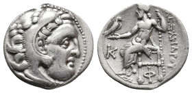 KINGS OF MACEDON. Alexander III 'the Great' (336-323 BC). AR Drachm. Kolophon.
Obv: Head of Herakles right, wearing lion skin.
Rev: AΛΕΞΑΝΔΡΟΥ.
Zeu...