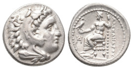 KINGS OF MACEDON. Alexander III 'the Great' (336-323 BC). AR Drachm. Miletos.
Obv: Head of Herakles right, wearing lion skin.
Rev: AΛEΞANΔPOY.
Zeus...