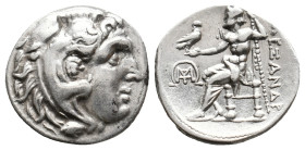 KINGS OF MACEDON. Alexander III 'the Great' (336-323 BC). AR Drachm. Mylasa.
Obv: Head of Herakles right, wearing lion skin.
Rev: AΛEΞANΔPOY.
Zeus ...