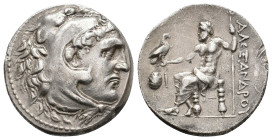 KINGS OF MACEDON. Alexander III 'the Great', (336-323 BC). AR Tetradrachm. Perge, CY 10 = 212/211.
Obv: Head of Herakles to right, wearing lion skin ...