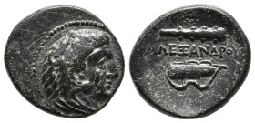 KINGS OF MACEDON. Alexander III 'the Great' (336-323 BC). Ae Unit. Uncertain mint in Macedon.
Obv: Head of Herakles right, wearing lion skin.
Rev: Α...