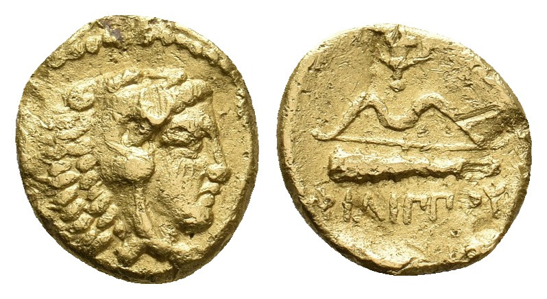 KINGS OF MACEDON. Philip II (359-336 BC). GOLD 1/4 Stater. Pella.
Obv: Head of ...