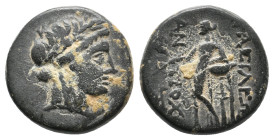 SELEUKID KINGDOM. Antiochos III Megas.(Circa 223-187 BC).Ae. Sardes mint.
Obv: Laureate head of Apollo right.
Rev: BAΣIΛEΩΣ ANTIOXOY.
Apollo standi...