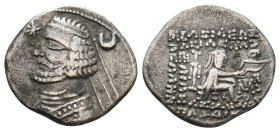 KINGS OF PARTHIA. Orodes II (Circa 57-38 BC). AR Drachm. Mithradatkart.
Obv: Diademed and draped bust left, wearing medium beard; star to left, cresc...