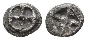 ATTICA. Athens. (Circa 515-510 BC). AR Obol ."Wappenmünzen" type.
Obv: Wheel with four spokes.
Rev: Quadripartite incuse square, divided diagonally....