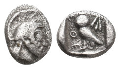 ATTICA. Athens. (Circa 510-500/490 BC). AR Obol.
Obv: Helmeted head of Athena right.
Rev: [A]ΘE .
Owl standing left, head facing; olive-sprig behin...