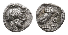 ATTICA. Athens (Circa 454-404 BC). AR Hemiobol.
Obv: Helmeted head of Athena right.
Rev: AΘΕ.
Owl standing right, head facing; olive sprig to left....