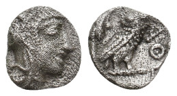 ATTICA. Athens (Circa 454-404 BC). AR Obol.
Obv: Helmeted head of Athena right.
Rev: AΘE.
Owl standing right, head facing; olive sprig and crescent...
