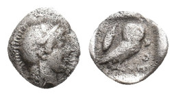 ATTICA. Athens (Circa 454-404 BC). AR Obol
Obv: Helmeted head of Athena right.
Rev: AΘE.
Owl standing right, head facing; olive sprig and crescent ...