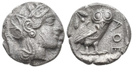 ATTICA. Athens (Circa 454-404 BC). AR Tetradrachm
Obv: Helmeted head of Athena right, with frontal eye.
Rev: AΘE.
Owl standing right, head facing; ...