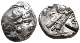 ATTICA. Athens (Circa 454-404 BC). AR Tetradrachm.
Obv: Helmeted head of Athena right, with frontal eye.
Rev: AΘE.
Owl standing right, head facing;...
