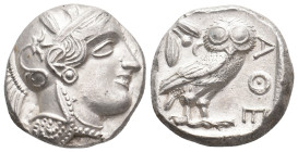 ATTICA. Athens. (Circa 454-404 BC). AR Tetradrachm.
Obv: Helmeted head of Athena right, with frontal eye.
Rev: AΘE.
Owl standing right, head facing...