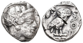ATTICA. Athens (Circa 454-404 BC). AR Tetradrachm.
Obv: Helmeted head of Athena right, with frontal eye.
Rev: AΘE.
Owl standing right, head facing;...