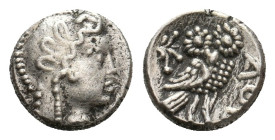 LEVANT OR ARABIA. Uncertain. (Circa 400-300 BC) AR Trihemiobol (?)
Obv: Helmeted head of Athena(?) or female(?) right.
Rev: AΘE.
Owl standing right...