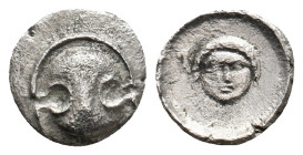 BOIOTIA. Koroneia. (Circa 400-350 BC). AR Obol.
Obv: Boiotian shield
Rev: Facing gorgoneion within incuse circle.
Cf. Head Boiotia p. 45; BCD Boiot...
